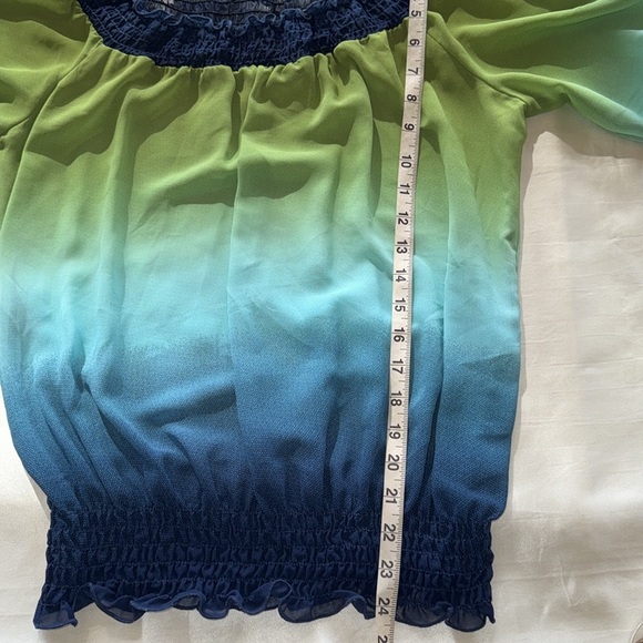 Smocked Trim Ombré Off Shoulder Top Gradient Green Blue Ruffled 3/4 Sleeve Sz M - Picture 8 of 9